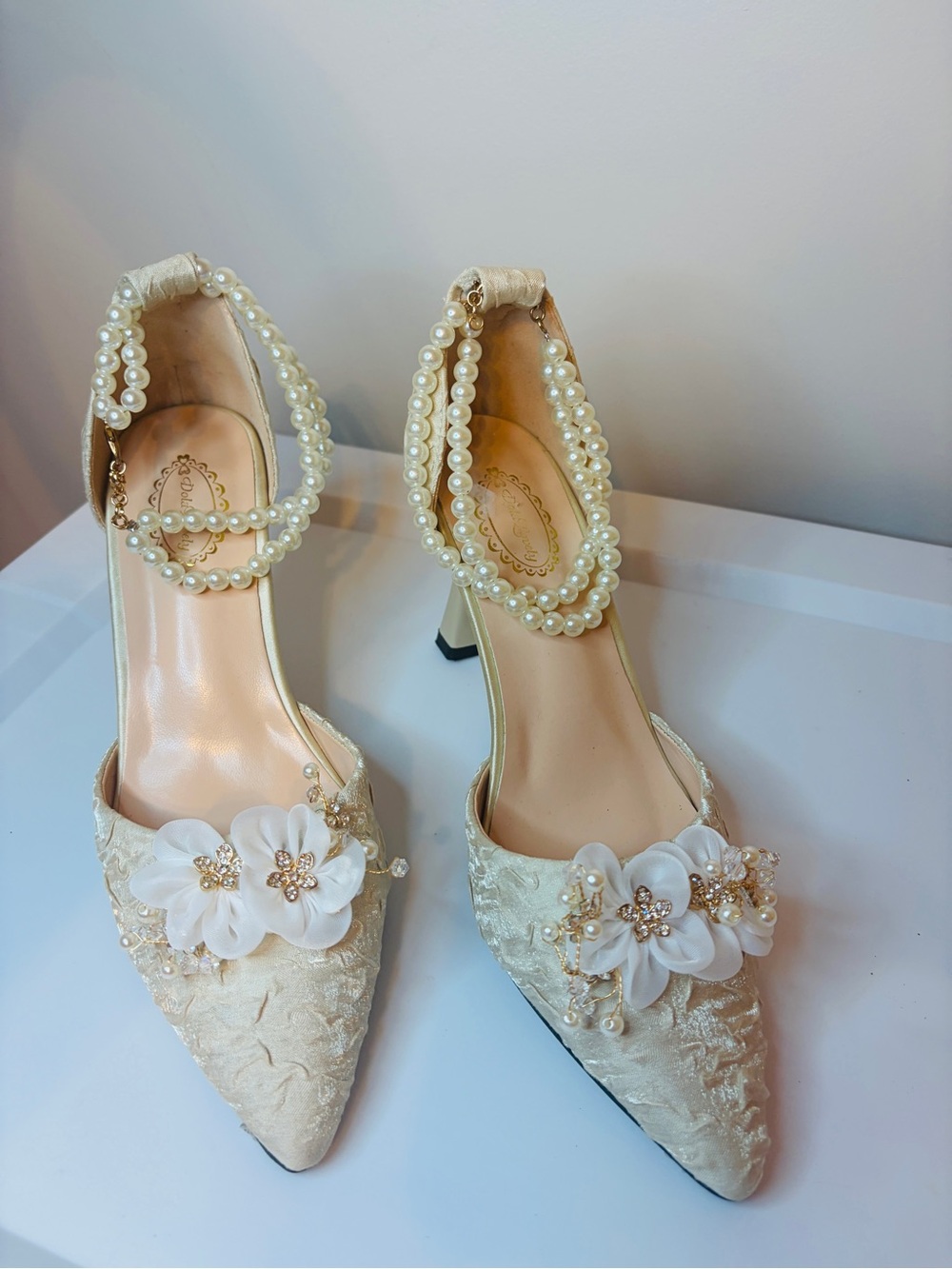 Ivory Pearl-Embellished Floral Ankle-Strap Heels